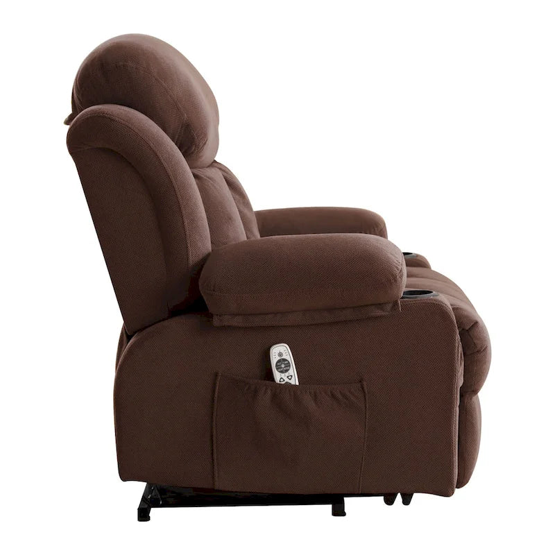 Fauteuil inclinable électrique gris avec chauffage, massage, port USB et poches latérales, équipé d'une télécommande