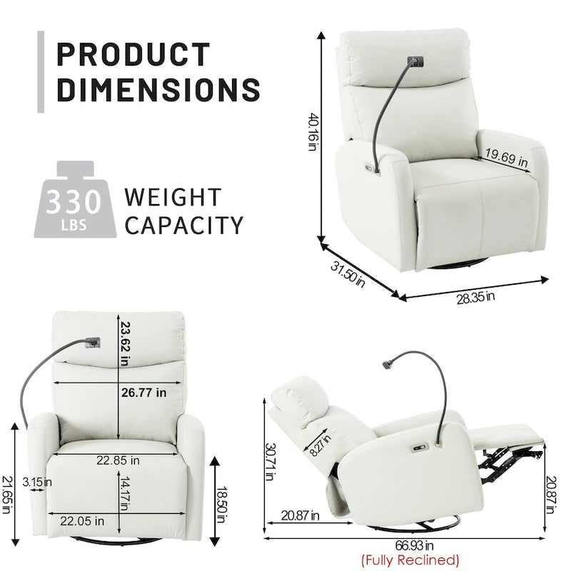 Fauteuil inclinable électrique avec pivotement à 270°, ports USB et repose-pieds réglable pour salon et chambre de bébé