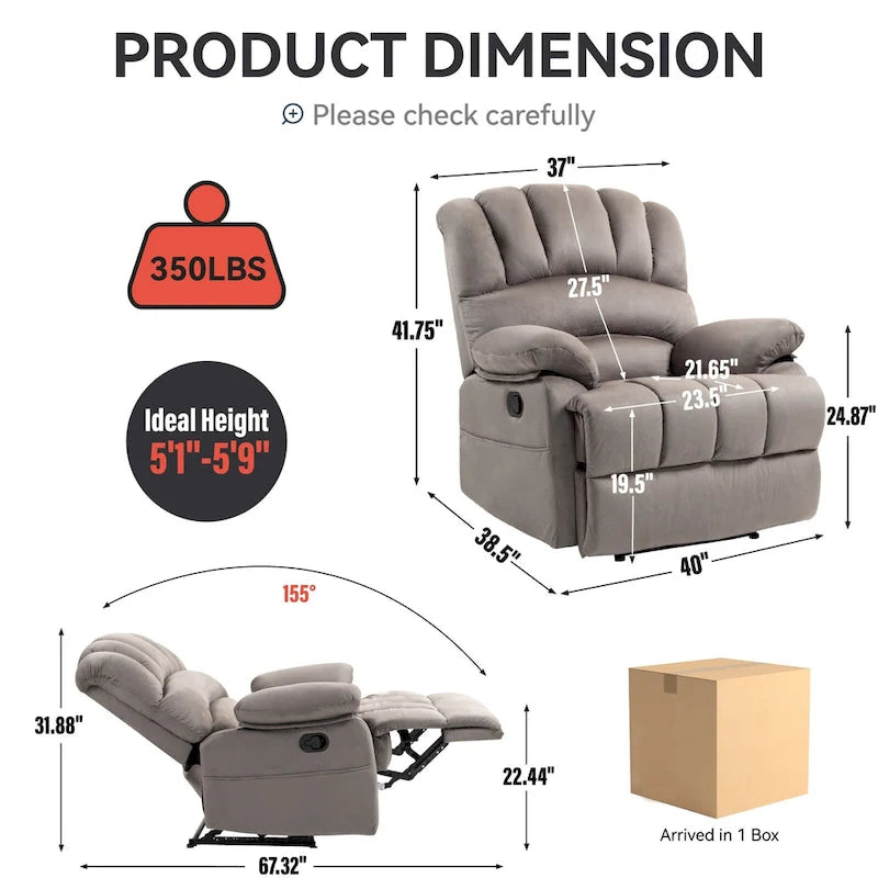 Fauteuil inclinable manuel surdimensionné marron avec inclinaison à 155°, assemblage facile et design généreux pour votre salon.