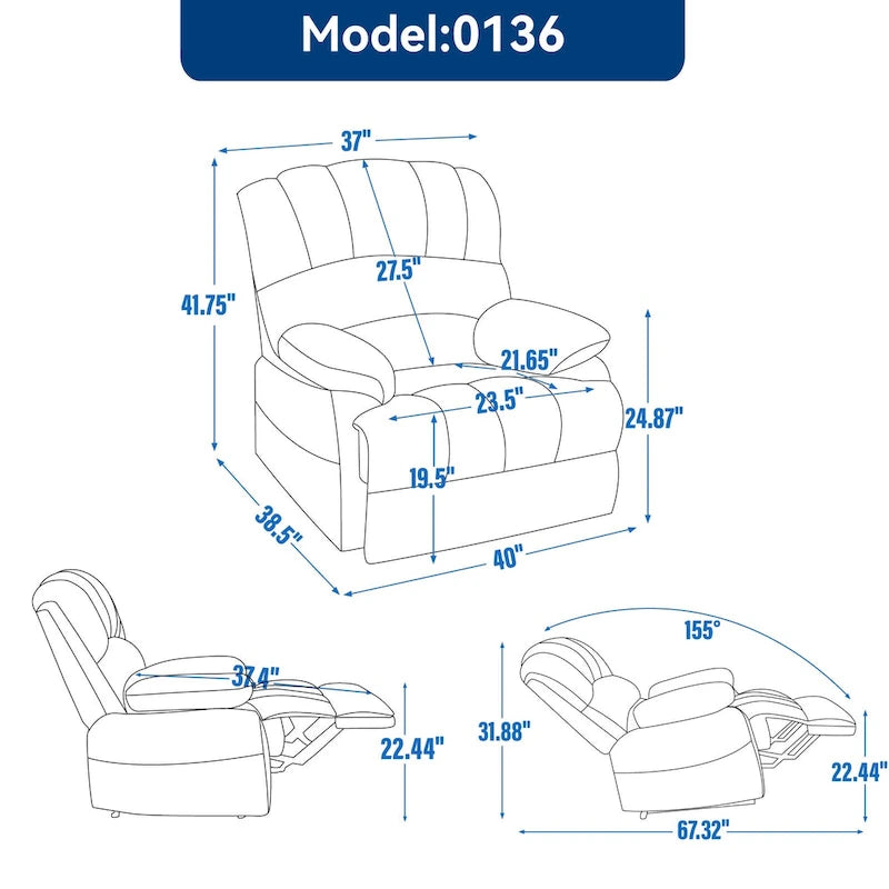 Fauteuil inclinable manuel surdimensionné marron avec inclinaison à 155°, assemblage facile et design généreux pour votre salon.