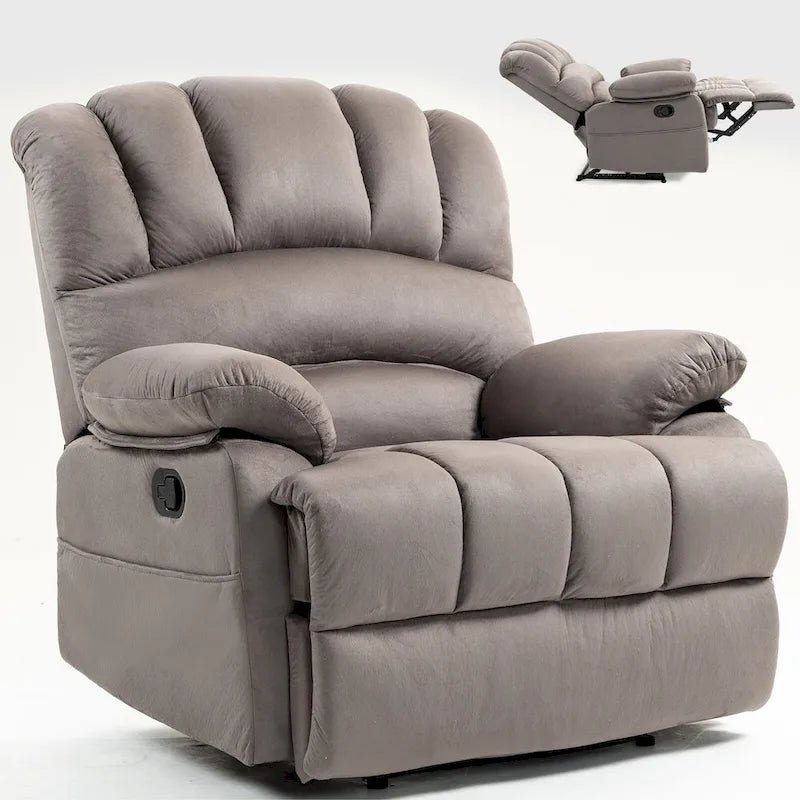 Fauteuil inclinable manuel surdimensionné marron avec inclinaison à 155°, assemblage facile et design généreux pour votre salon.
