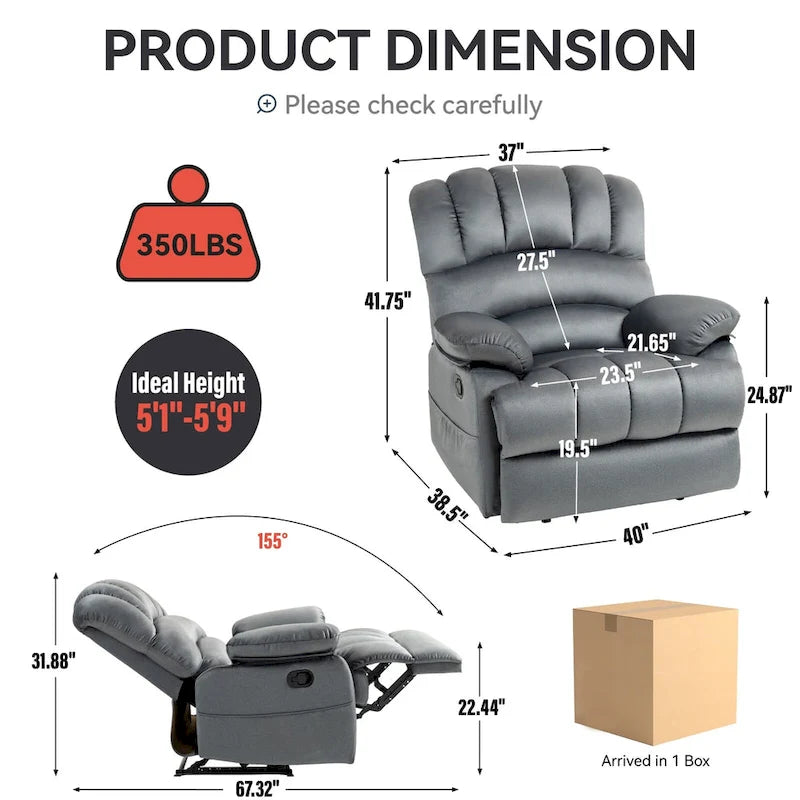 Fauteuil inclinable manuel surdimensionné marron avec inclinaison à 155°, assemblage facile et design généreux pour votre salon.