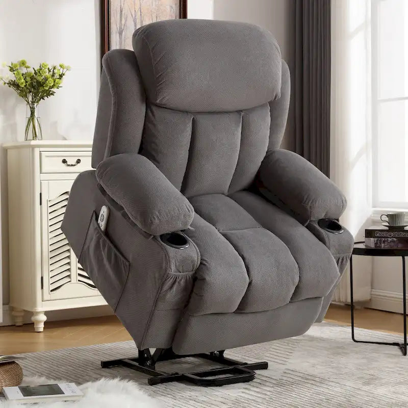 Fauteuil inclinable électrique gris avec chauffage, massage, port USB, poches latérales et télécommande