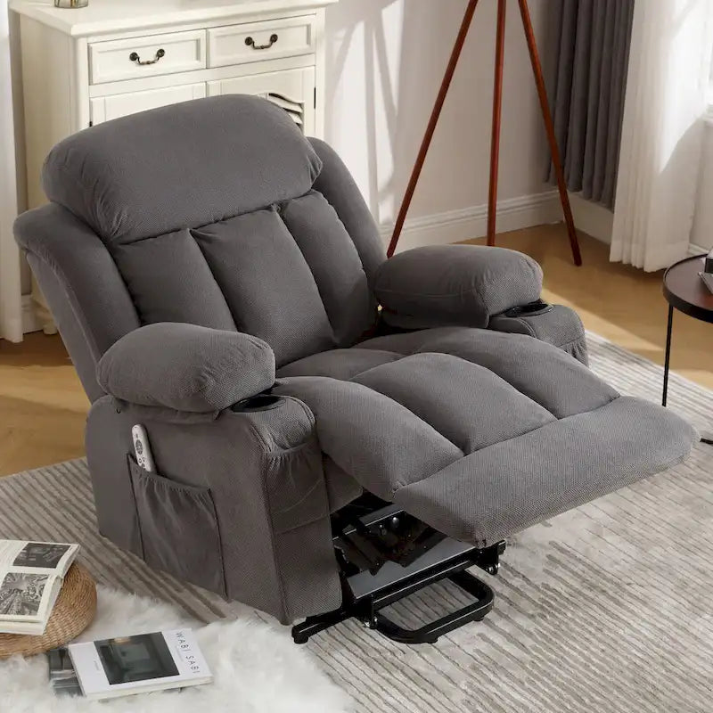 Fauteuil inclinable électrique gris avec chauffage, massage, port USB, poches latérales et télécommande