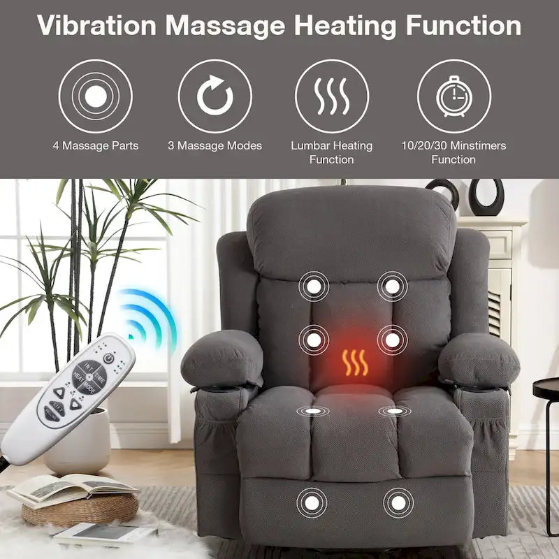 Fauteuil inclinable électrique gris avec chauffage, massage, port USB, poches latérales et télécommande