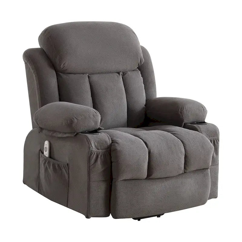 Fauteuil inclinable électrique gris avec chauffage, massage, port USB, poches latérales et télécommande