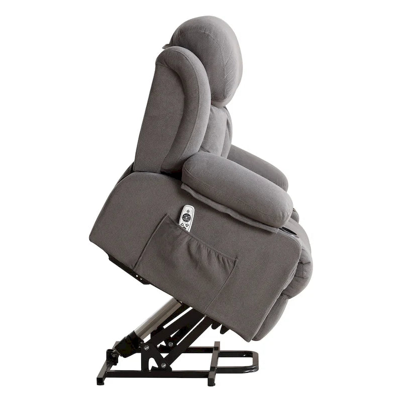 Fauteuil inclinable électrique gris avec chauffage, massage, port USB, poches latérales et télécommande
