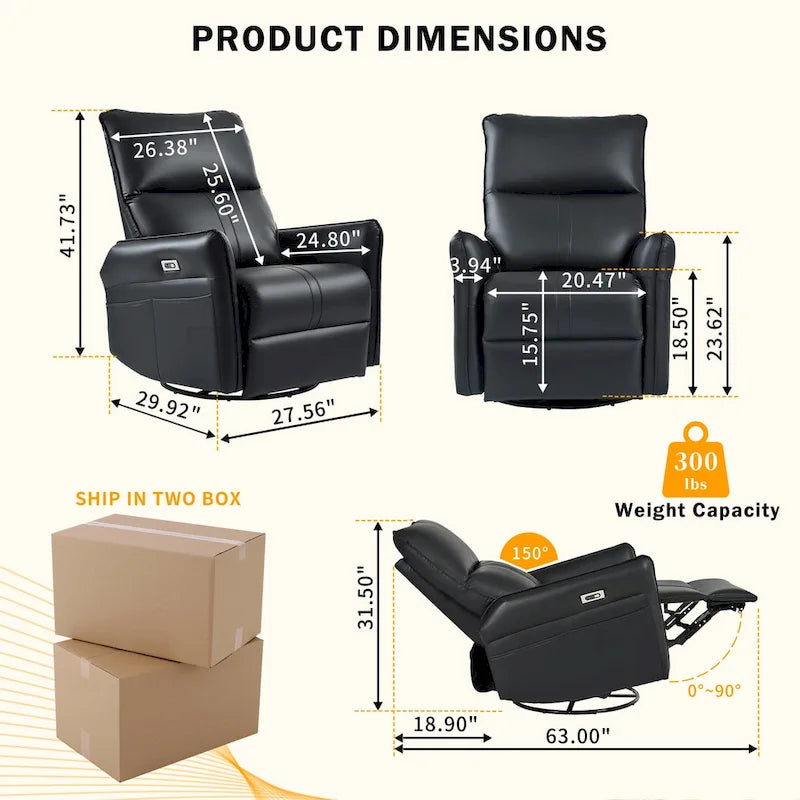 Fauteuil inclinable électrique pivotant 270° avec ports USB