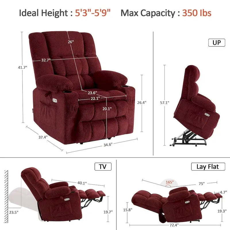 Fauteuil inclinable électrique MCombo à deux moteurs avec position infinie, massage et chaleur, repose-pieds étendu, tissu 7890