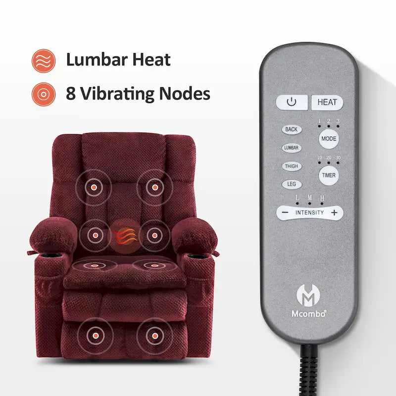 Fauteuil inclinable électrique MCombo à deux moteurs avec position infinie, massage et chaleur, repose-pieds étendu, tissu 7890