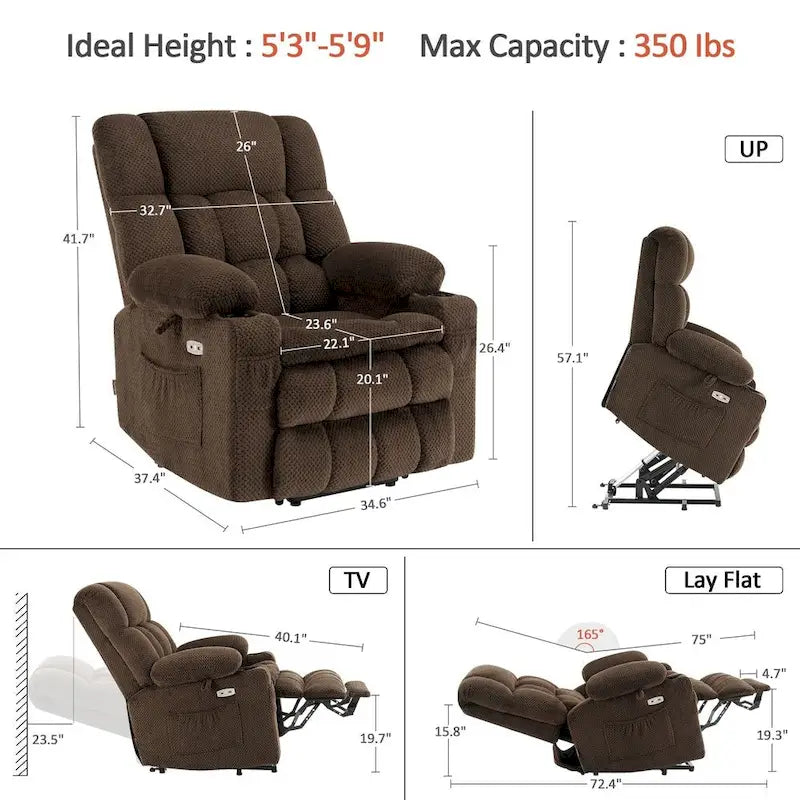 Fauteuil inclinable électrique MCombo à deux moteurs avec position infinie, massage et chaleur, repose-pieds étendu, tissu 7890