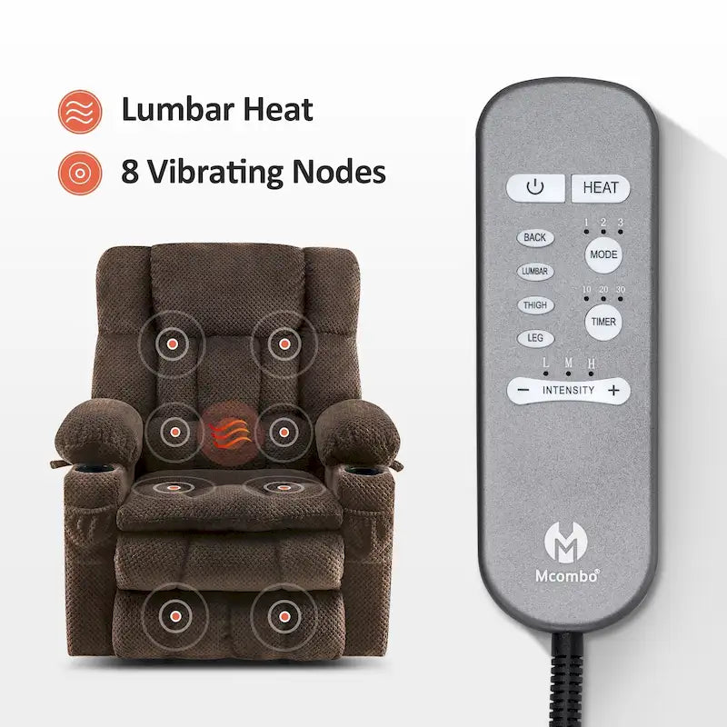 Fauteuil inclinable électrique MCombo à deux moteurs avec position infinie, massage et chaleur, repose-pieds étendu, tissu 7890