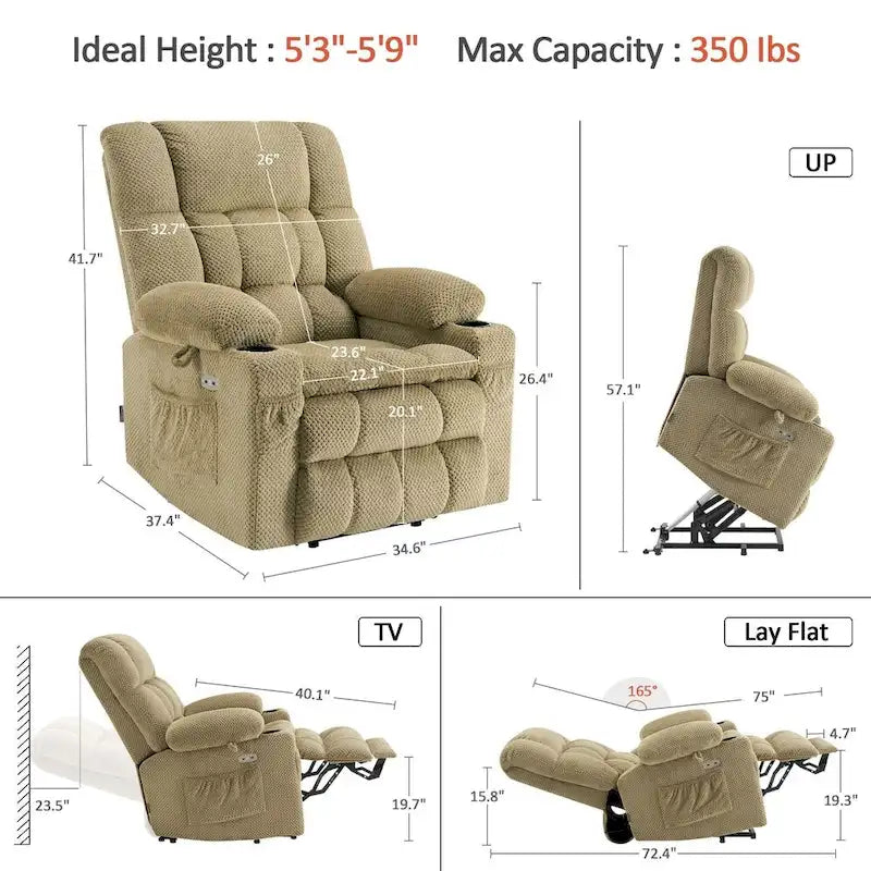 Fauteuil inclinable électrique MCombo à deux moteurs avec position infinie, massage et chaleur, repose-pieds étendu, tissu 7890