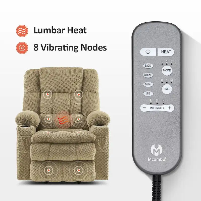 Fauteuil inclinable électrique MCombo à deux moteurs avec position infinie, massage et chaleur, repose-pieds étendu, tissu 7890
