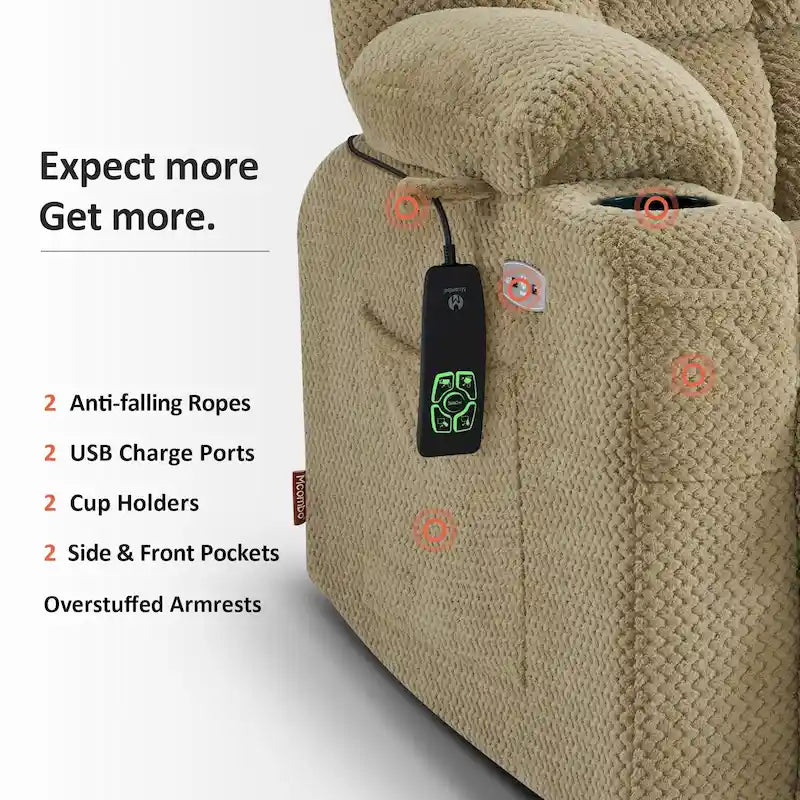 Fauteuil inclinable électrique MCombo à deux moteurs avec position infinie, massage et chaleur, repose-pieds étendu, tissu 7890