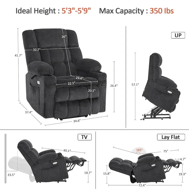 Fauteuil inclinable électrique MCombo à deux moteurs avec position infinie, massage et chaleur, repose-pieds étendu, tissu 7890