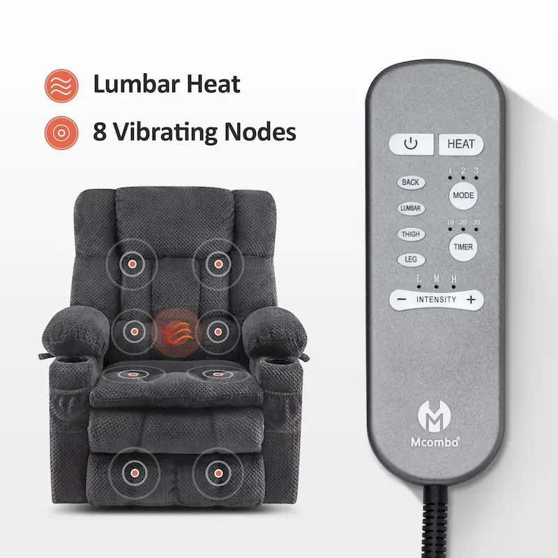 Fauteuil inclinable électrique MCombo à deux moteurs avec position infinie, massage et chaleur, repose-pieds étendu, tissu 7890