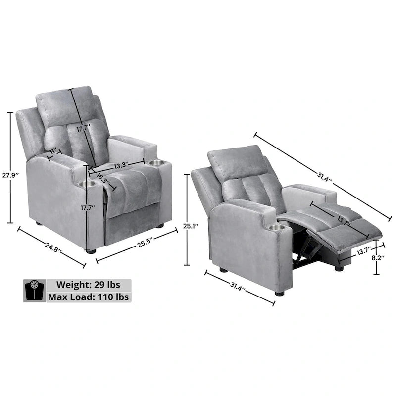 Fauteuil inclinable de luxe pour enfants avec repose-pieds, appuie-tête et 2 porte-gobelets, en microfibre, pour les enfants de 3 ans et plus