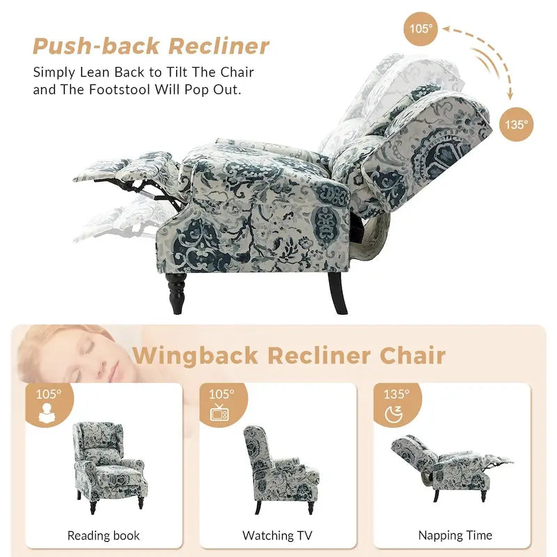 Fauteuil inclinable classique manuel à oreilles rembourré Olympus avec pieds en bois massif par HULALA HOME