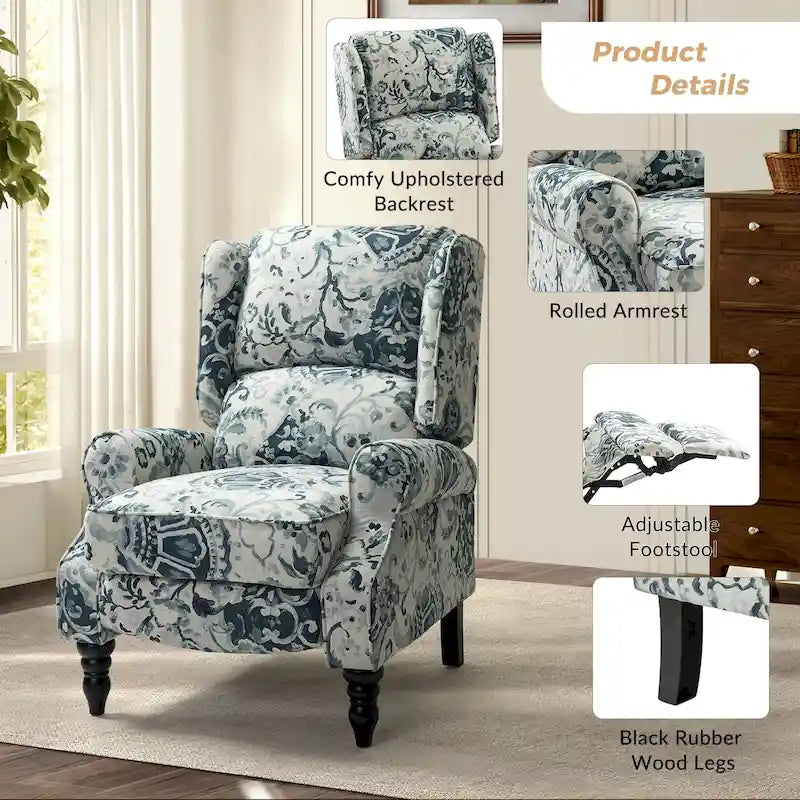 Fauteuil inclinable classique manuel à oreilles rembourré Olympus avec pieds en bois massif par HULALA HOME