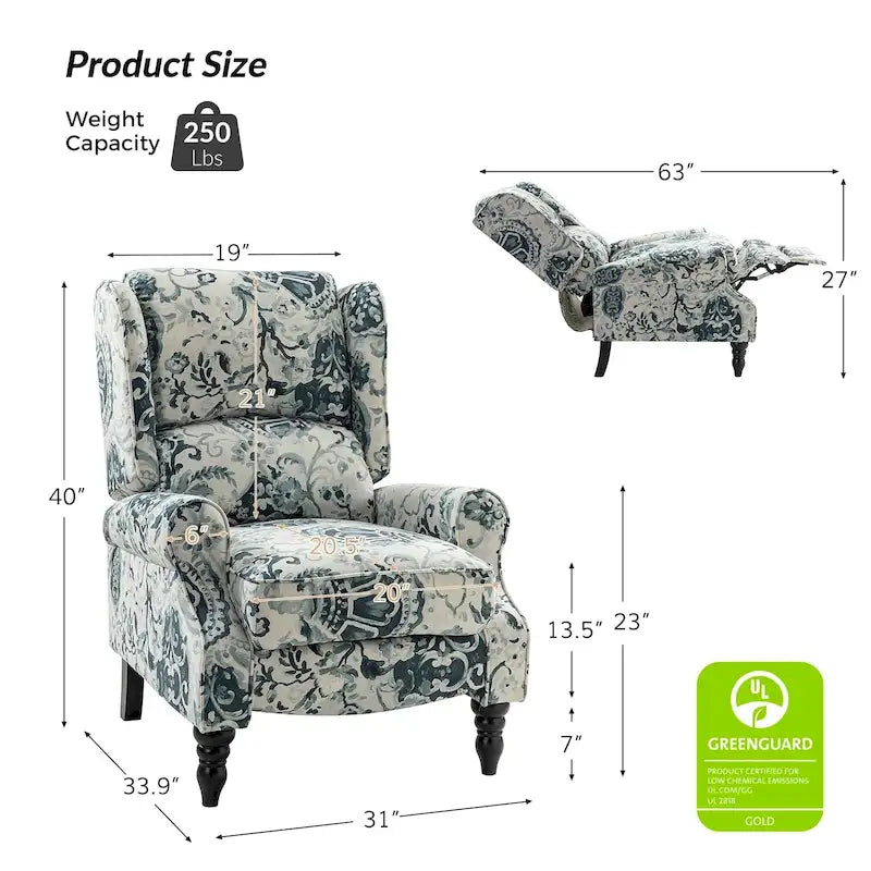 Fauteuil inclinable classique manuel à oreilles rembourré Olympus avec pieds en bois massif par HULALA HOME