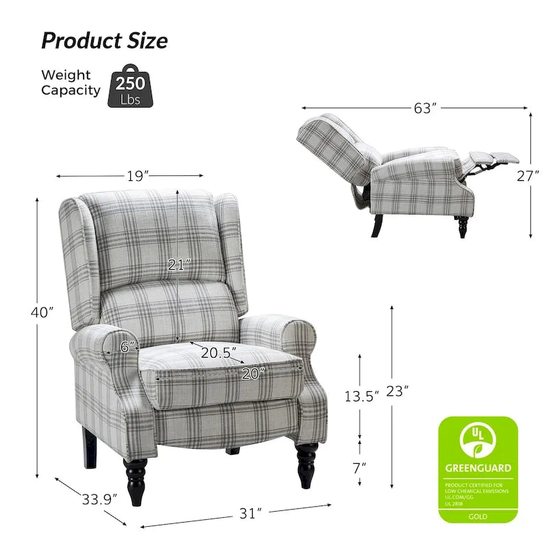 Fauteuil inclinable classique manuel à oreilles rembourré Olympus avec pieds en bois massif par HULALA HOME