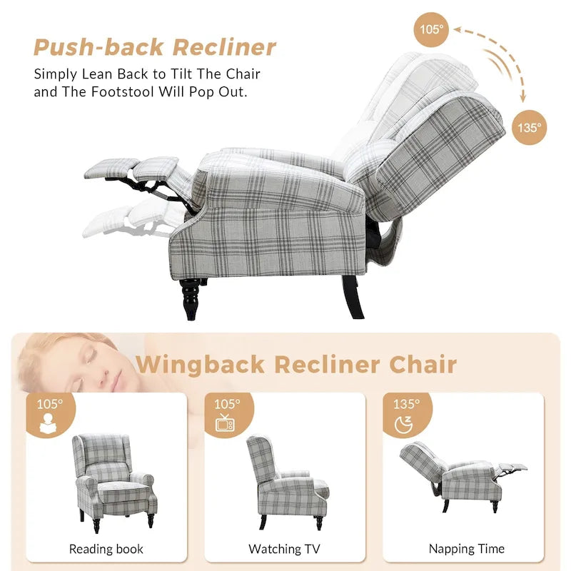 Fauteuil inclinable classique manuel à oreilles rembourré Olympus avec pieds en bois massif par HULALA HOME