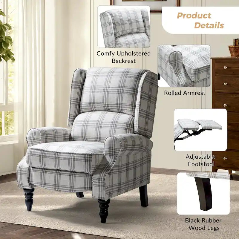 Fauteuil inclinable classique manuel à oreilles rembourré Olympus avec pieds en bois massif par HULALA HOME