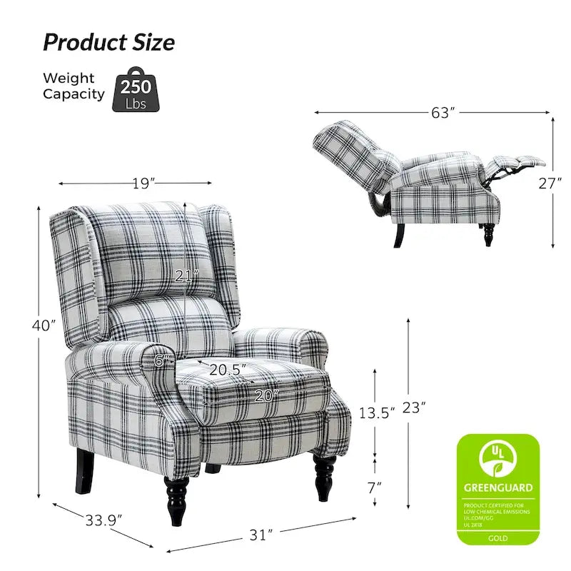 Fauteuil inclinable classique manuel à oreilles rembourré Olympus avec pieds en bois massif par HULALA HOME