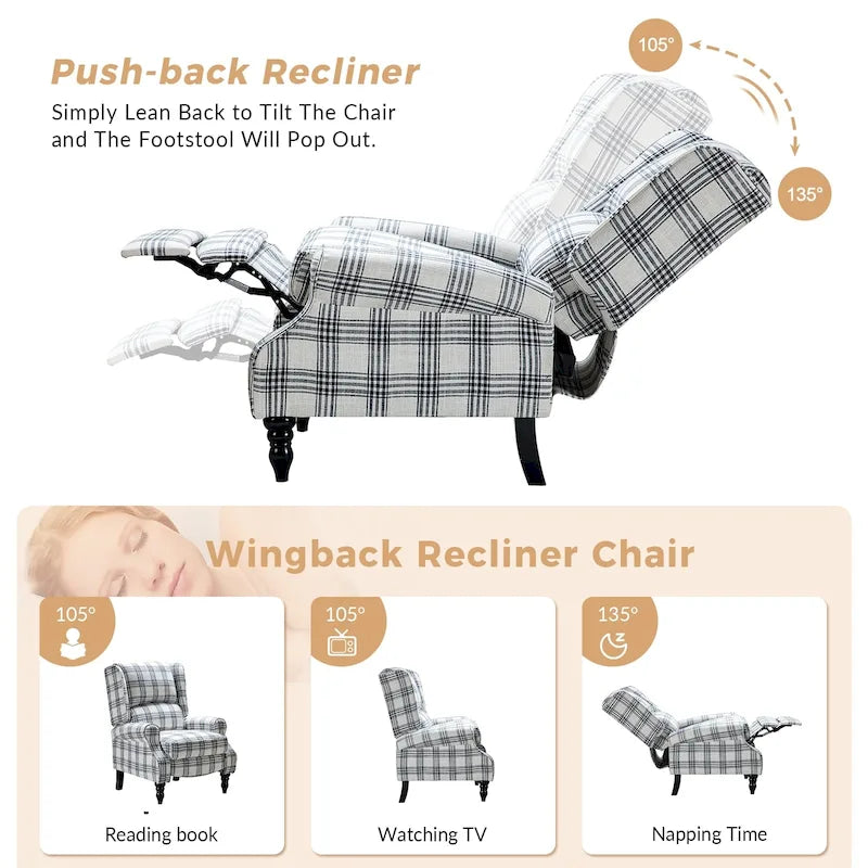 Fauteuil inclinable classique manuel à oreilles rembourré Olympus avec pieds en bois massif par HULALA HOME