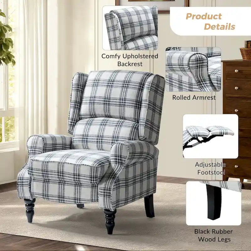 Fauteuil inclinable classique manuel à oreilles rembourré Olympus avec pieds en bois massif par HULALA HOME