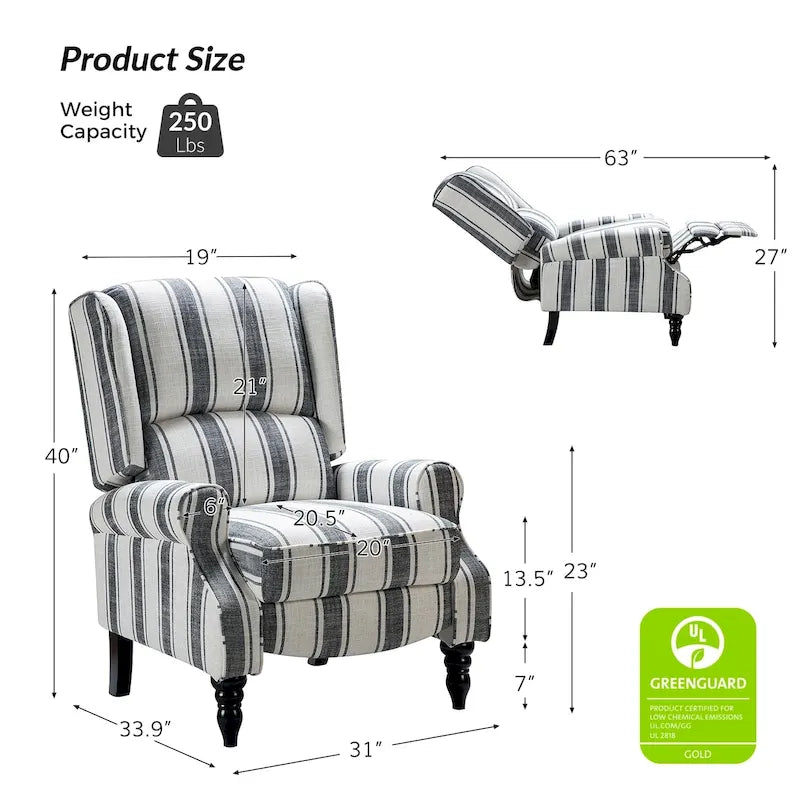 Fauteuil inclinable classique manuel à oreilles rembourré Olympus avec pieds en bois massif par HULALA HOME