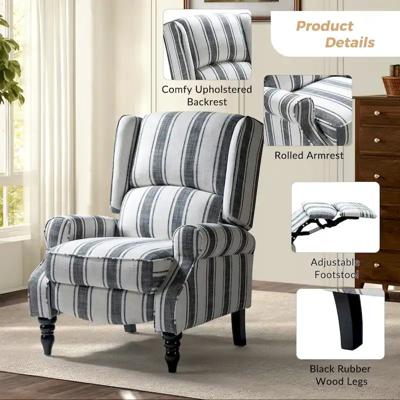 Fauteuil inclinable classique manuel à oreilles rembourré Olympus avec pieds en bois massif par HULALA HOME