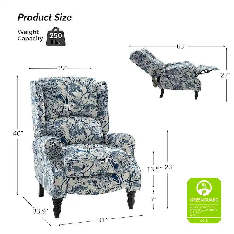 Fauteuil inclinable classique manuel à oreilles rembourré Olympus avec pieds en bois massif par HULALA HOME