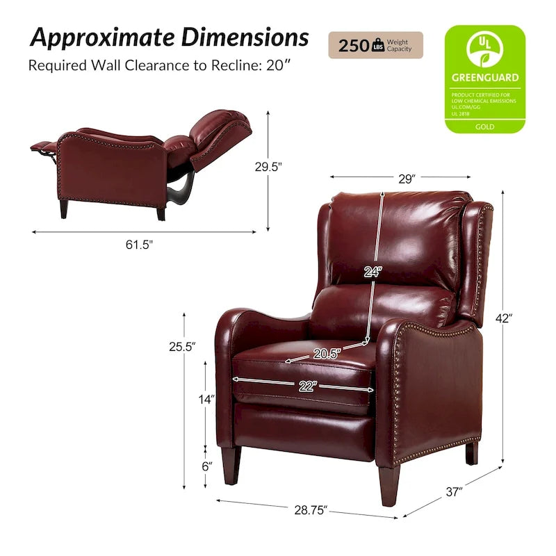 Fauteuil inclinable Brigida moderne en cuir véritable avec clous décoratifs et repose-pieds réglable (lot de 2) par HULALA HOME