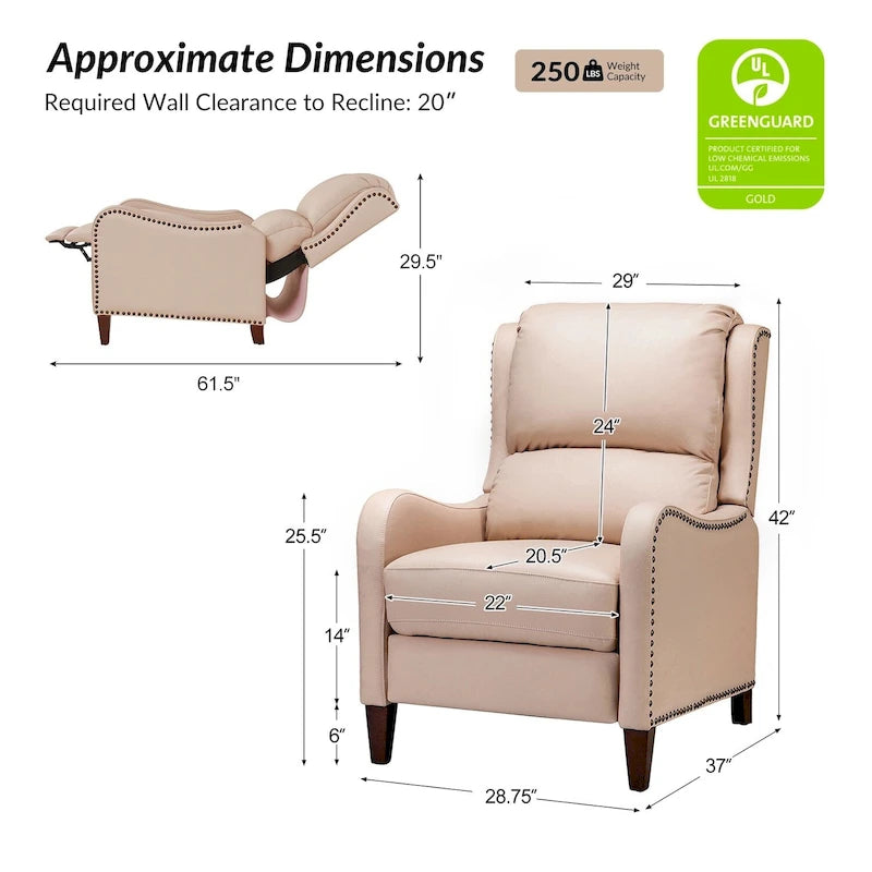 Fauteuil inclinable Brigida moderne en cuir véritable avec clous décoratifs et repose-pieds réglable (lot de 2) par HULALA HOME