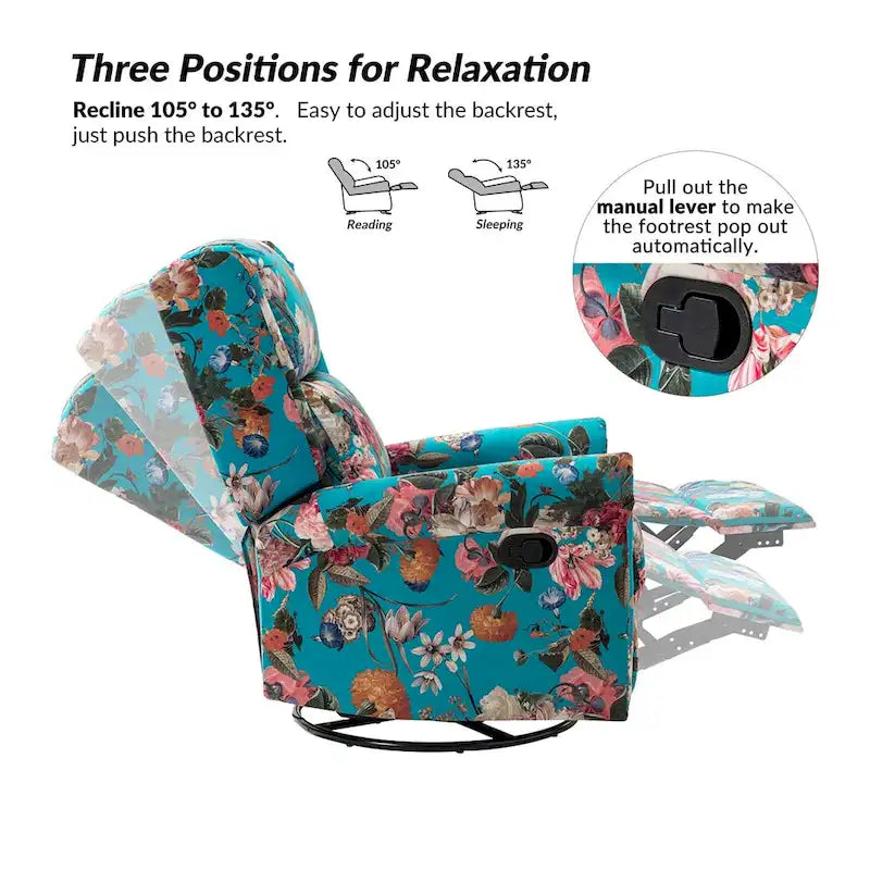Fauteuil inclinable, pivotant et basculant manuel Leopold Transitional Floral Print avec garniture cloutée (lot de 2) par HULALA HOME