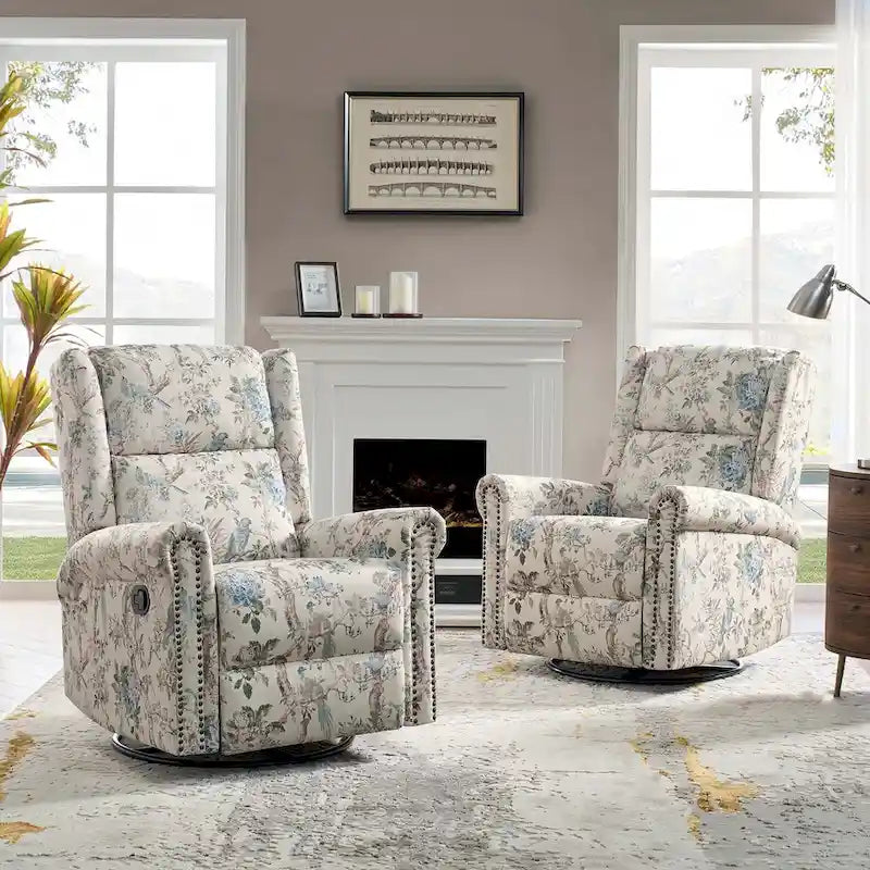 Fauteuil inclinable, pivotant et basculant manuel Leopold Transitional Floral Print avec garniture cloutée (lot de 2) par HULALA HOME