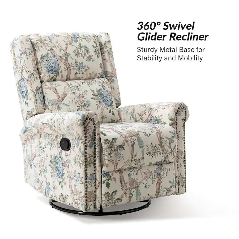 Fauteuil inclinable, pivotant et basculant manuel Leopold Transitional Floral Print avec garniture cloutée (lot de 2) par HULALA HOME