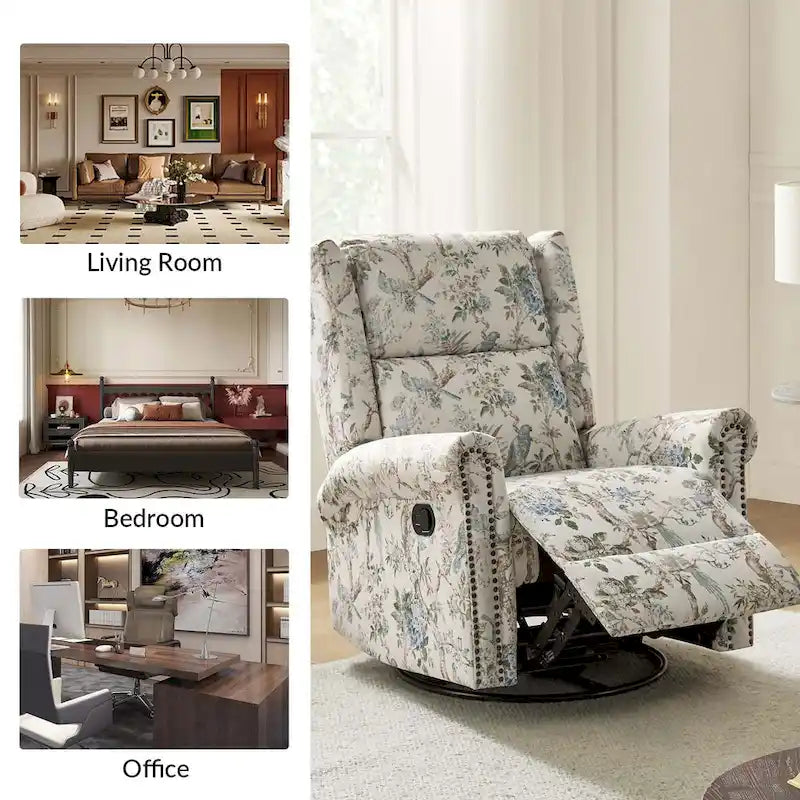 Fauteuil inclinable, pivotant et basculant manuel Leopold Transitional Floral Print avec garniture cloutée (lot de 2) par HULALA HOME
