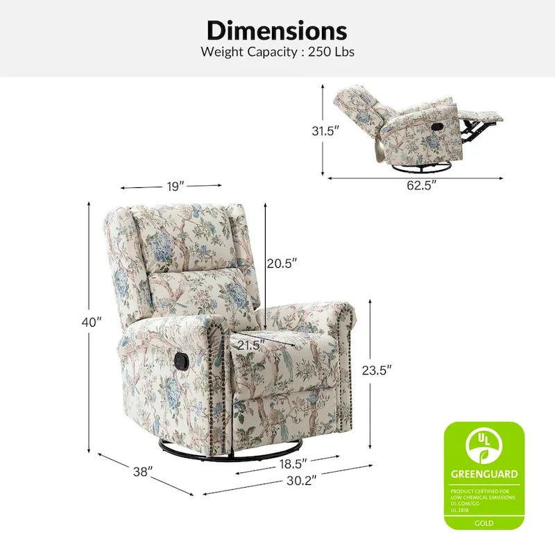Fauteuil inclinable, pivotant et basculant manuel Leopold Transitional Floral Print avec garniture cloutée (lot de 2) par HULALA HOME