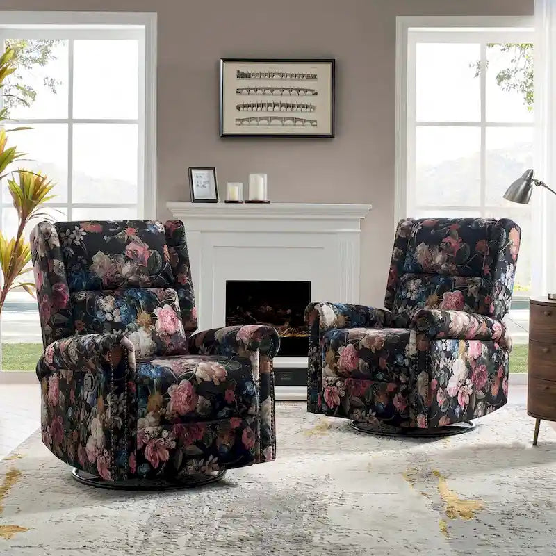 Fauteuil inclinable, pivotant et basculant manuel Leopold Transitional Floral Print avec garniture cloutée (lot de 2) par HULALA HOME