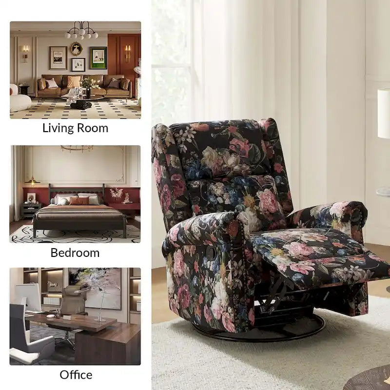 Fauteuil inclinable, pivotant et basculant manuel Leopold Transitional Floral Print avec garniture cloutée (lot de 2) par HULALA HOME