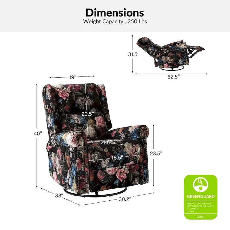 Fauteuil inclinable, pivotant et basculant manuel Leopold Transitional Floral Print avec garniture cloutée (lot de 2) par HULALA HOME