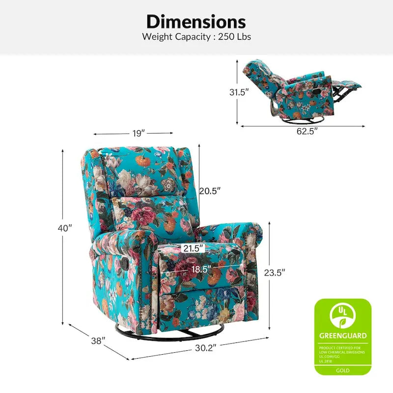 Fauteuil inclinable, pivotant et basculant manuel Leopold Transitional Floral Print avec garniture cloutée (lot de 2) par HULALA HOME