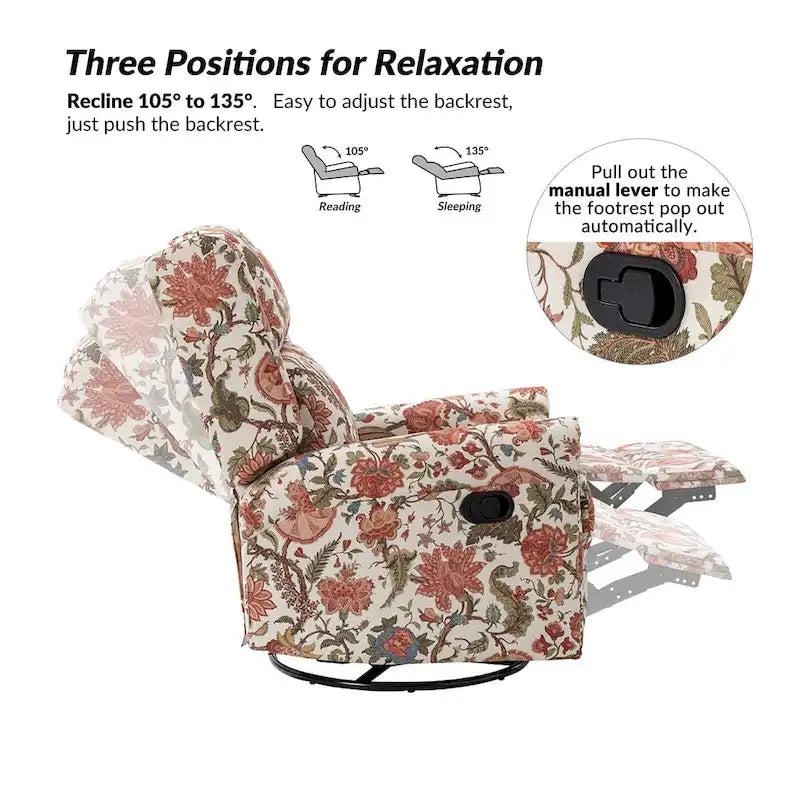 Fauteuil inclinable, pivotant et basculant manuel Leopold Transitional Floral Print avec garniture cloutée (lot de 2) par HULALA HOME