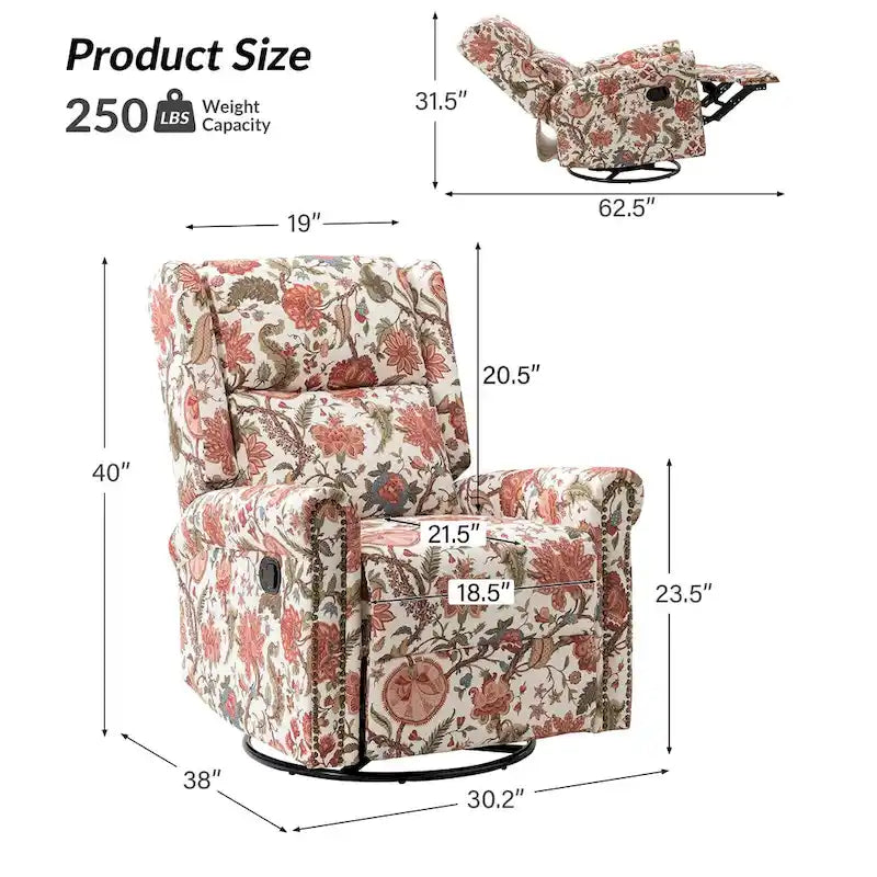 Fauteuil inclinable, pivotant et basculant manuel Leopold Transitional Floral Print avec garniture cloutée (lot de 2) par HULALA HOME