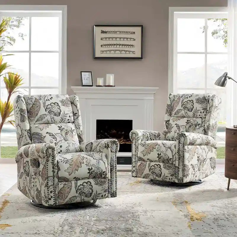 Fauteuil inclinable, pivotant et basculant manuel Leopold Transitional Floral Print avec garniture cloutée (lot de 2) par HULALA HOME
