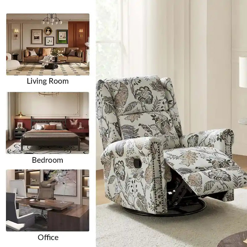 Fauteuil inclinable, pivotant et basculant manuel Leopold Transitional Floral Print avec garniture cloutée (lot de 2) par HULALA HOME