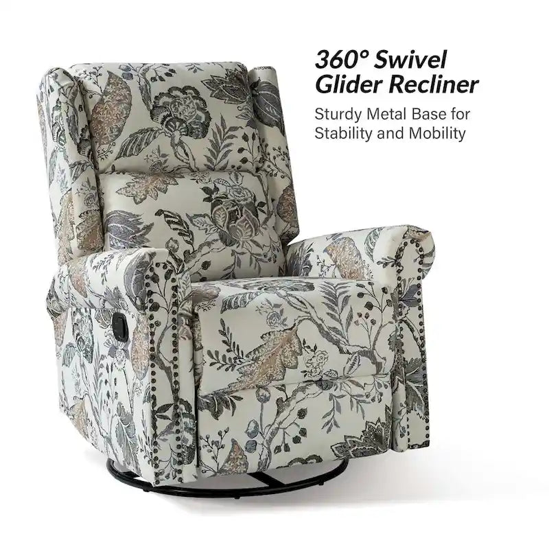 Fauteuil inclinable, pivotant et basculant manuel Leopold Transitional Floral Print avec garniture cloutée (lot de 2) par HULALA HOME